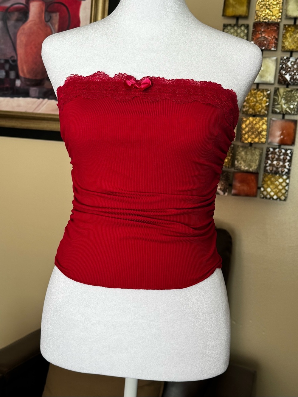 SHEIN Red Lace-Trim Strapless Ribbed Tube Top